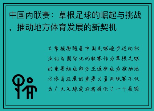 中国丙联赛：草根足球的崛起与挑战，推动地方体育发展的新契机