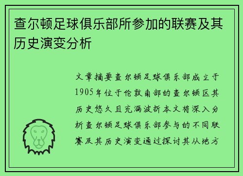 查尔顿足球俱乐部所参加的联赛及其历史演变分析