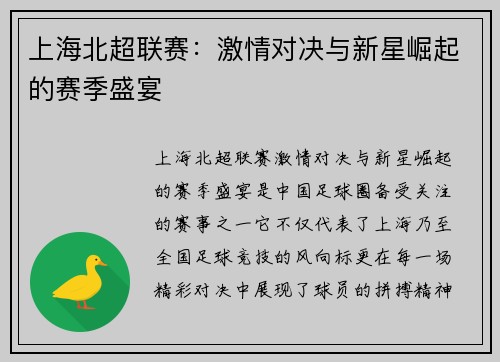 上海北超联赛：激情对决与新星崛起的赛季盛宴