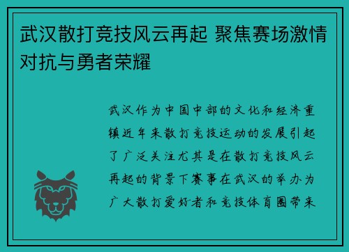 武汉散打竞技风云再起 聚焦赛场激情对抗与勇者荣耀
