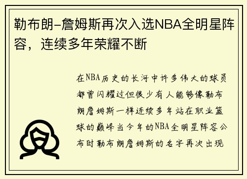 勒布朗-詹姆斯再次入选NBA全明星阵容，连续多年荣耀不断