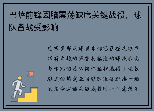 巴萨前锋因脑震荡缺席关键战役，球队备战受影响